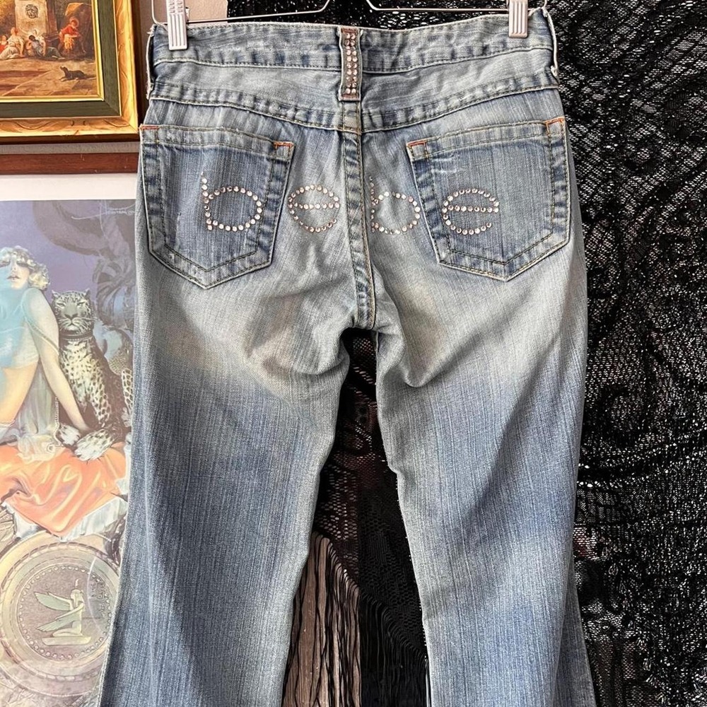 Bebe Y2K Low Rise Flare Jeans Pink Rhinestone Bedazzled Ripped Blue Denim 28 - Picture 3 of 6